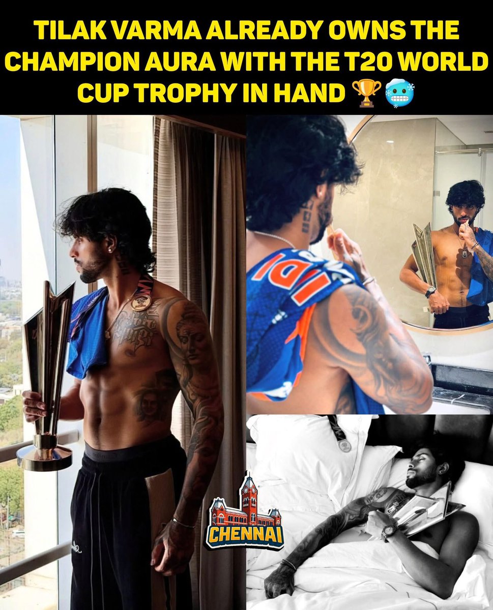 memeschennai's tweet photo. Tilak Varma rocking the Champion Aura with the T20 World Cup Trophy ๐๐ฅถ
#TilakVarma #ChampionAura #T20WorldCup #TeamIndia #NextGenHero #CricketRoyalty https://t.co/KRJK4jclQ8