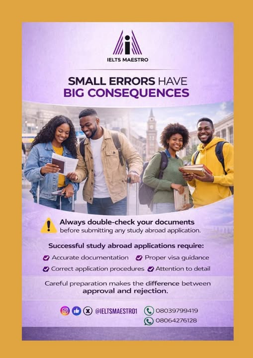 ieltsmaestro1's tweet photo. Small mistakes have destroyed thousands of study abroad dreams. 📷📷
A missing document, wrong detail, or poor preparation can turn a visa approval into a rejection.
Smart applicants know this 📷
📷 Double-check documents
📷 Follow the correct process
📷 Get proper visa guidance https://t.co/D2ap4otNH2