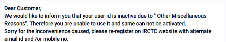 port_side's tweet photo. @IRCTCofficial My irctc account has been deactivated for 'Other Miscellaneous Reasons'. And the recommended action is to use a new mobile number to create a new account. I dont have another mobile number. Please resolve this so i can use my mobile number / email id. https://t.co/IGdCAoE0wL