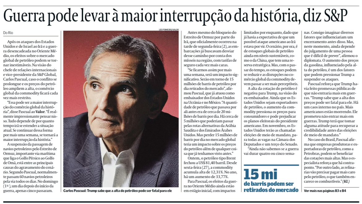 karinyleal_'s tweet photo. 🛢️ Na semana passada, o diplomata Carlos Pascual havia me dito que a guerra no Oriente Médio poderia causar a maior interrupção do mercado de petróleo na história. 

Hoje, esse cenário começa a se confirmar https://t.co/O6QnC5wFvV