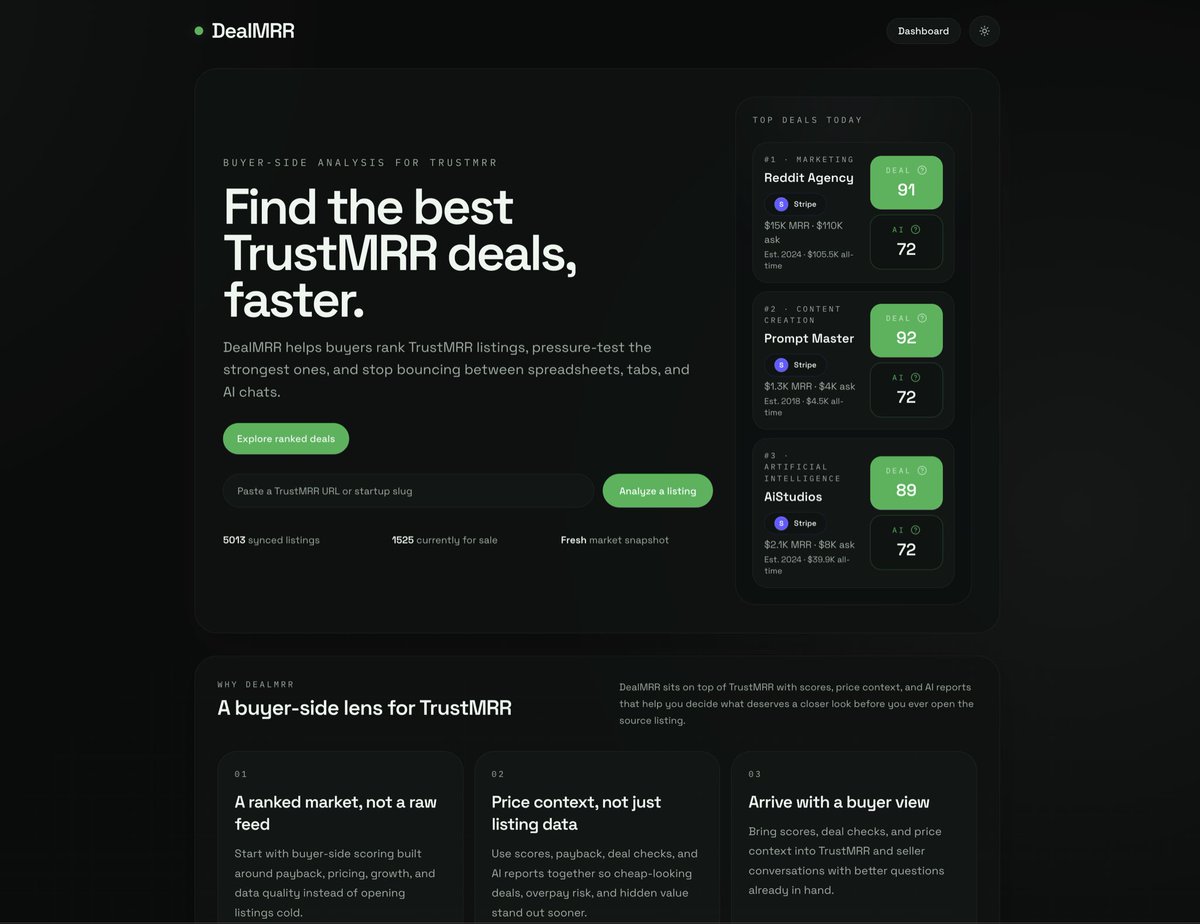 TSalama7's tweet photo. Just shipped https://t.co/AZOAd5m8bx using the new TrustMRR API from @marclou.

I was already using TrustMRR to hunt for the best deals in my budget, but my workflow was ridiculous: dozens of tabs, copy-pasting data, Python scripts, CSVs, manual weighted scores, and long ChatGPT threads.

When Marc dropped the API, software for my workflow was a no-brainer:
- Ranked buyer-side deal scoring
- Price context + deal checks
- AI reports + second opinions
- Watchlists + comparisons
- Soon: custom scores, alerts, exports, and more.

This is the first app I’ve ever shipped in days (well, all-nighters) instead of months or even years. Marc, thanks for breaking my software engineering brain - in the best way. 🚀