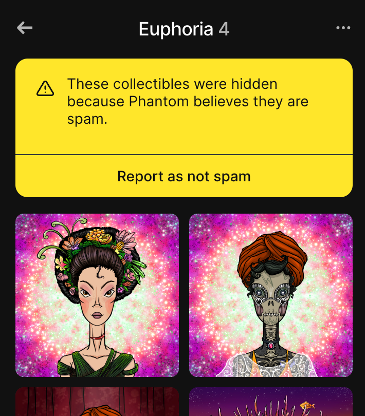 BohemiaArtFair's tweet photo. Hey @phantom -- Intern here. I'm sure y'all are busy...but could you please look at the whitelist request for our newest collection Euphoria by @BohemiaArtFair?

NFTs looking this good could definitely not be spam.
We have asked holders to Report as not spam for now. Please let us know what else we can do to help expedite this review.

We followed @metaplex guidance to use CORE NFT tech, but it seems lots of scammers use that too due to its low cost. How can we work together to improve this for the ecosystem?