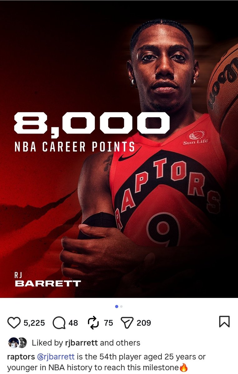 TMacJR1993's tweet image. 1st player in his 2019 NBA Draft Class to get to 8,000 points, 8th Canadian ever to reach 8,000 Points &amp;amp; 54th player in NBA history under 25 to reach 8,000 Points! What a achievement congratulations @RjBarrett6 #wethenorth #raptors #torontoraptors #rjbarrett