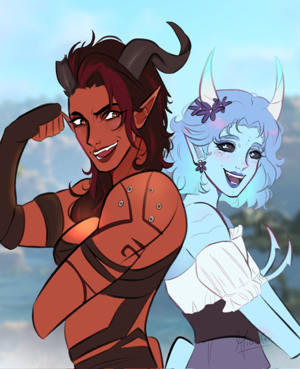 Miacifer's tweet photo. Karlach and my bard Bellie from my latest animation, the ride or die besties who share a braincell most of the times 🪓🎶 #bg3 #karlach https://t.co/9OVzRpp8Nv