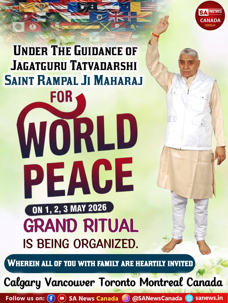 SANewsCA's tweet image. Under the guidance of Jagatguru Tatvadarshi Saint Rampal Ji Maharaj, a 3-Day Akhand Path of Shri Amar Granth Sahib for World Peace will be held on May 1–3, 2026 in 13 Satlok Ashrams (India, Nepal &amp;amp; Canada). Everyone is warmly invited.

#SantRampalJiMaharaj #WorldPeace