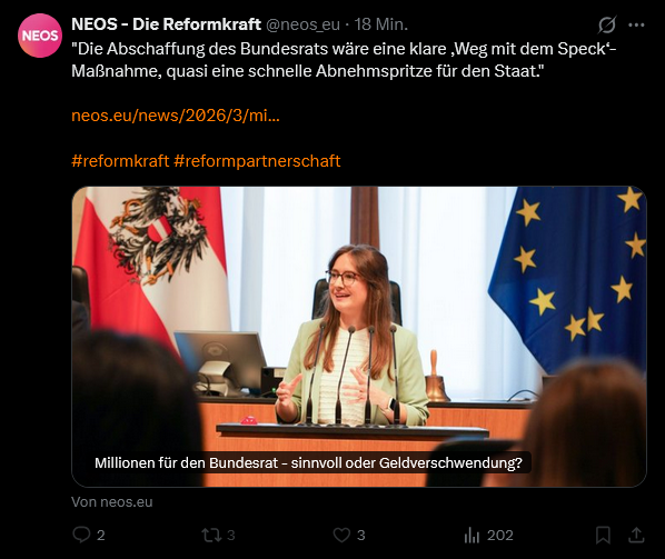Politprimat's tweet image. Das ist schon ziemlich frech.
@neos_eu gönnen sich fetteste Regierung inkl. eigenen unnötigen Staatssekretär, aber der Bundesrat muss weg. Der stört nur! #NEOS #RepublikanischesGrundprinzip #Verfassung

neos.eu/news/2026/3/mi…