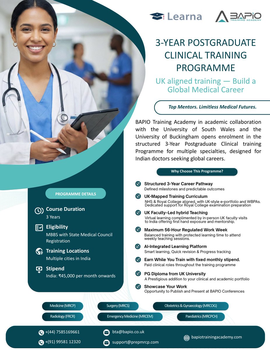 BapioTA's tweet photo. Build your global medical career with the 3-Year Postgraduate Clinical Training Programme by BAPIO Training Academy.
UK-aligned training, Royal College exam preparation & PG Diploma pathway.
#MedicalEducation #Doctors #MRCP #MRCS https://t.co/fYvtZwexfF