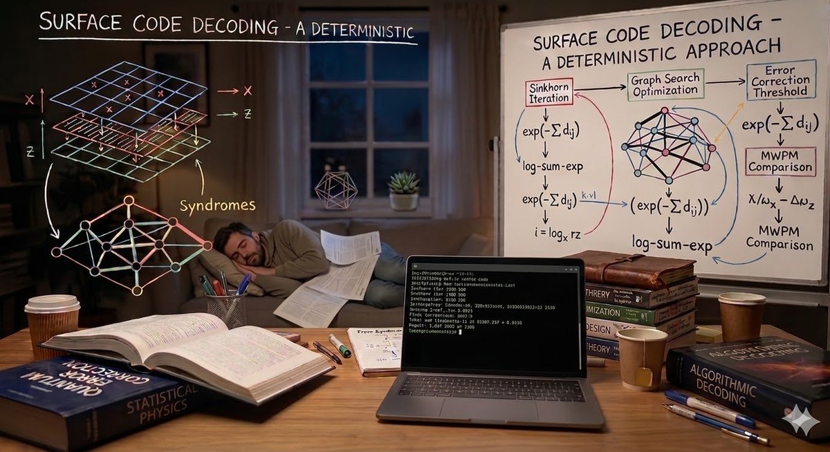 I spent ~2 weeks of late nights exploring surface-code decoding out of curiosity.

~50 approaches using Stim (<a href="/CraigGidney/">Craig Gidney</a>) + PyMatching later, a few structural insights emerged (DEM graph, d=5 wall, pruning vs selection).

Sharing the expedition:
qec.baruchih.com