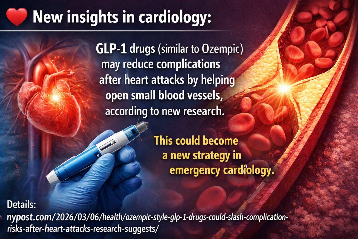 DrWissmann's tweet photo. ❤️ New insights in cardiology:

GLP-1 drugs (similar to Ozempic) may reduce complications after heart attacks by helping open small blood vessels, according to new research.

This could become a new strategy in emergency cardiology.

Details:  
https://t.co/UrVljbwdjP https://t.co/1JRySMzAaN
