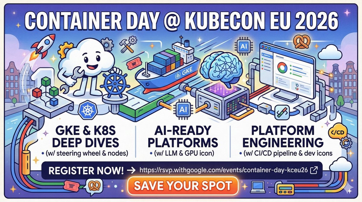 boredabdel's tweet photo. Going to KubeCon EU? 🇳🇱

Container Day is BACK. No BS, just deep tech. 🛠️☁️

🔥 GKE &amp; K8s Deep Dives 
🤖 AI-Ready Platforms (LLMs at scale!)
⚡ Platform Engineering

Spaces are filling FAST. 🎟️

👇Register: https://t.co/pnamjyBBd1

#KubeCon #GKE #Kubernetes #GenAI https://t.co/eLd87n1DwZ