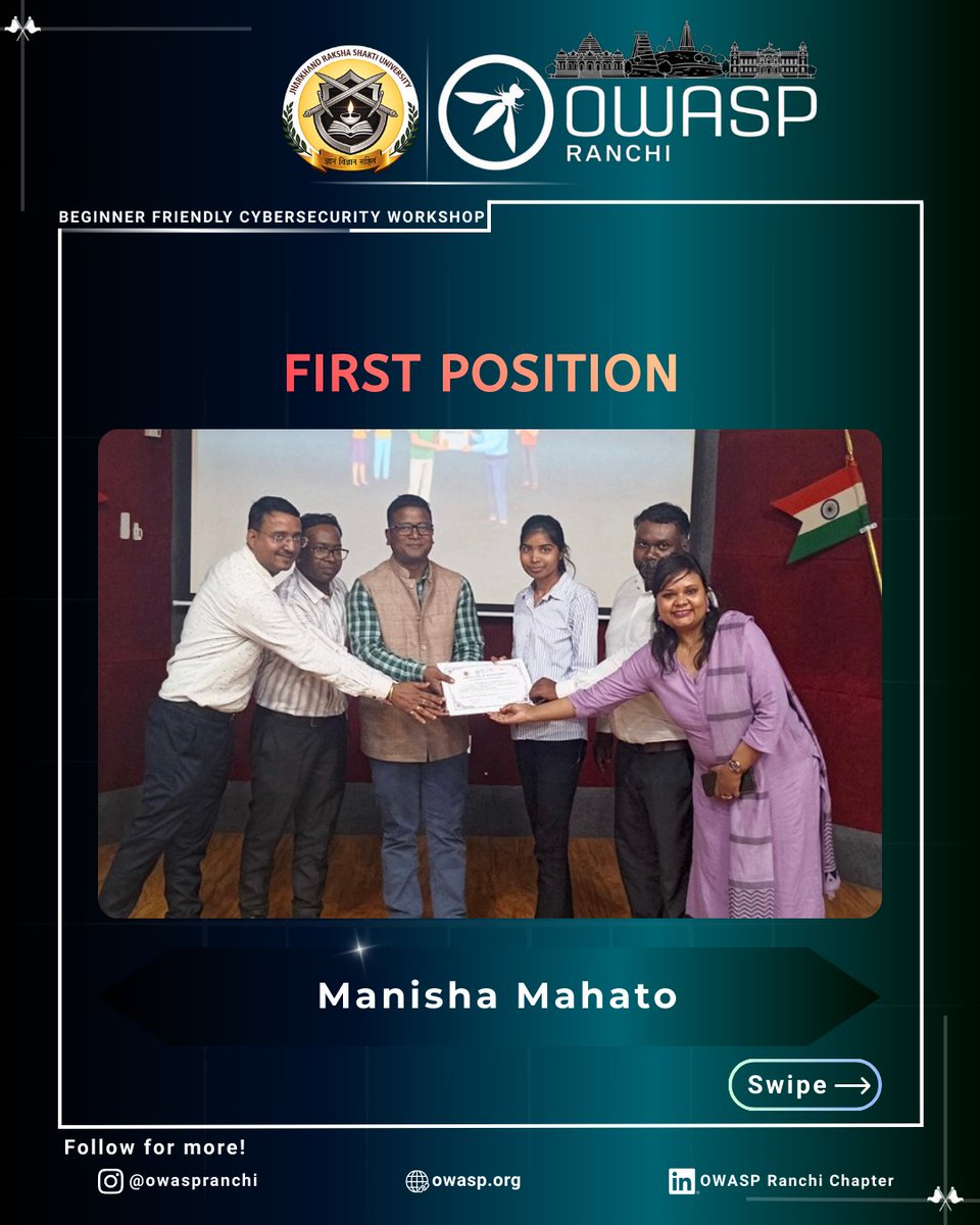 OWASPRanchi's tweet photo. 🏆 CTF Winners – OWASP Ranchi Cybersecurity Workshop

🥇 Manisha Mahato
🥈 Atul Kumar
🥉 Harsh Pratap Singh

Congratulations to the champions and appreciation to all participants who made the event impactful! 🔐
#OWASP #CyberSecurity #CTF #OWASPRanchi https://t.co/UtQ3YFqUlZ