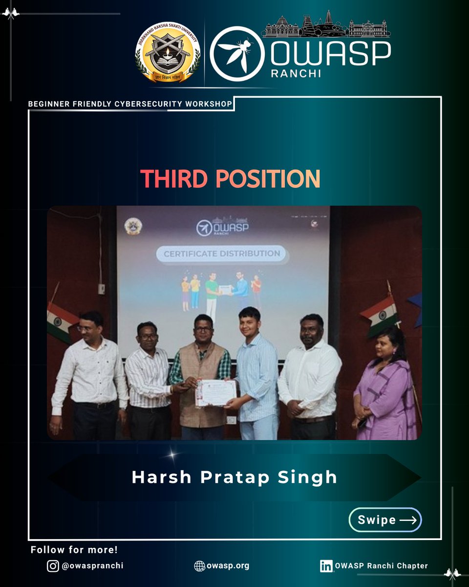 OWASPRanchi's tweet photo. 🏆 CTF Winners – OWASP Ranchi Cybersecurity Workshop

🥇 Manisha Mahato
🥈 Atul Kumar
🥉 Harsh Pratap Singh

Congratulations to the champions and appreciation to all participants who made the event impactful! 🔐
#OWASP #CyberSecurity #CTF #OWASPRanchi https://t.co/UtQ3YFqUlZ