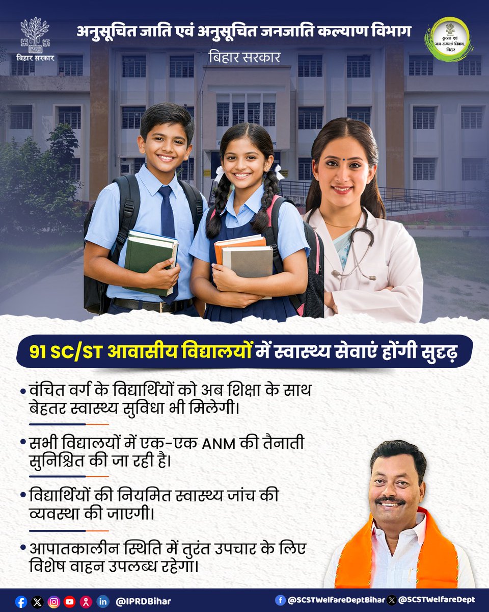 SCSTWelfareDept's tweet image. शिक्षा के साथ अब बेहतर स्वास्थ्य— 91 SC/ST आवासीय विद्यालयों में विद्यार्थियों को मिलेगी मजबूत स्वास्थ्य सुरक्षा। 🏥📷 
#EducationForAll #StudentHealth #SCSTStudents #ResidentialSchools #BetterHealthcare #InclusiveEducation #HealthyStudents #Bihar