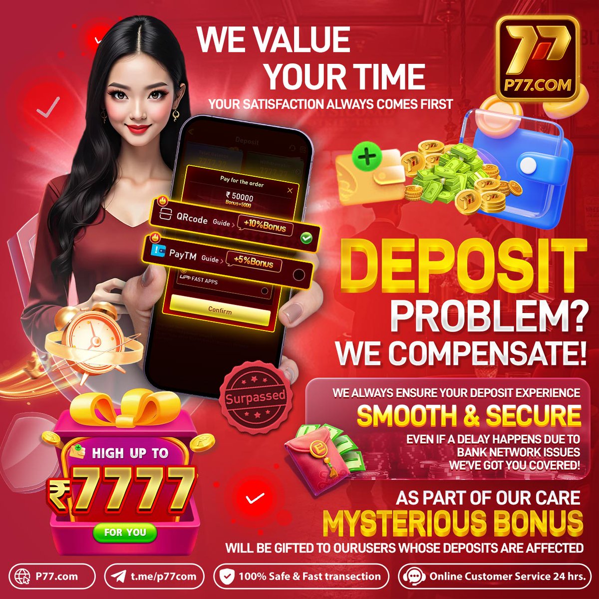 P77Game's tweet photo. 📢 P77 Official Notice | Deposit Delay Compensation

💎 Dear players, your satisfaction is always our top priority!
If your deposit is delayed due to bank or network issues,
you’ll receive a 🎁 Mysterious Bonus — up to ₹7,777!

🍀 P77Game – The gaming platform you can trust. https://t.co/eNpn8NZWnP