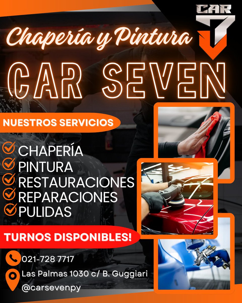 CarSevenPy's tweet photo. TURNOS DISPONIBLES!
Soluciones profesionales para todo tipo de daños en la chapería y pintura de tu vehículo. Realizamos trabajos de reparación, restauraciones, pulidas, pinturas, pulidas de faros y todo lo referente a la estética de tu vehículo- https://t.co/9XIQP4hfJ1