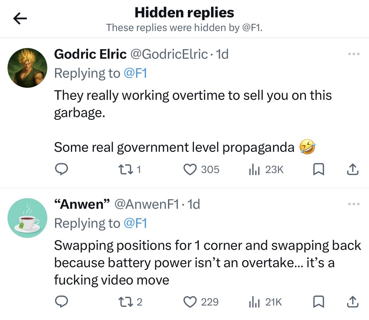 Find shame .. <a href="/fia/">FIA</a> <a href="/F1/">Formula 1</a> 

and there are thousands of hidden replies