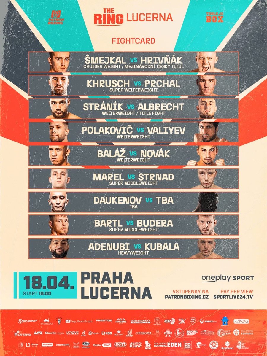 PTrbusek's tweet photo. Patron Boxing kompletní karta The Ring v Lucerně ▶️

Na původním posteru byl i Ducár nebo Juráček, ale asi nakonec na eventu startovat nebudou 🤷‍♂️

#PatronBoxing #TheRing #TohleJeBox https://t.co/BgujcdxUvv