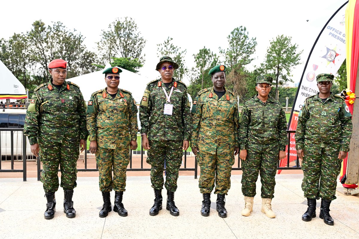 newvisionwire's tweet photo. Senior UPDF officers who conducted the investiture ceremony of people who were awarded medals at Kololo Ceremonial Grounds during International Women's Day pause for a group picture. From left, Col Sylvia Meeme Boto, Col Lokot, Brig. Gen Richard Karemire, Col Asha Patra, Maj Zaina Nalukenge, and Maj Katuku.

#InternationalWomensDay | #VisionUpdates 
Photos by Eddie Ssejjoba