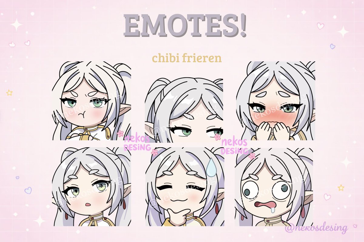 Nekosdesing's tweet photo. I made a Frieren inspired chibi emote pack ✨  
Now available on my Etsy!

Which emote is your favorite? 💬

#twitch #twitchemotes #emotes #animeemotes #frieren #chibi #artmoots https://t.co/wwyCYghks3