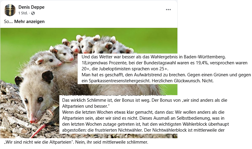 Angepisst😆

"„Wir sind nicht wie die Altparteien“. Nein, ihr seid mittlerweile schlimmer."
"Man hat es geschafft, den Aufwärtstrend zu brechen."
"Das wirklich Schlimme ist, der Bonus ist weg. Der Bonus von „wir sind anders als die Altparteien und besser.“"