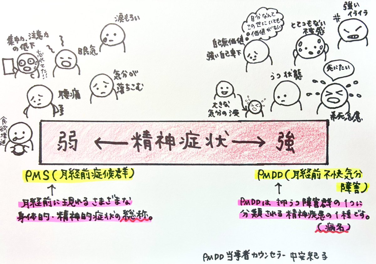 non47659489's tweet image. PMSとPMDDの境界線はすごく難しい。資料によっては２つをはっきり区別しているものもあるけど、以前主治医から説明されたのは、生理前の身体・精神症状の総称がPMSで、そこから精神症状が特に色濃くなっていくのがPMDD。だからPMS〜PMDDはグラデーションのようになっているという話→続く
#PMDD
#PMS