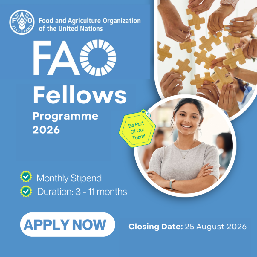 opportunitiesfy's tweet image. 🌍 FAO Fellows Programme 2026
PhD students, researchers &amp;amp; professors can join the UN FAO Fellows Programme and contribute to global efforts to end hunger.
🎁 Global research &amp;amp; policy experience
 📅25 Aug 2026
 🔗 wp.me/p23f03-jOJ
#FAO #Fellowships #GlobalDevelopment
