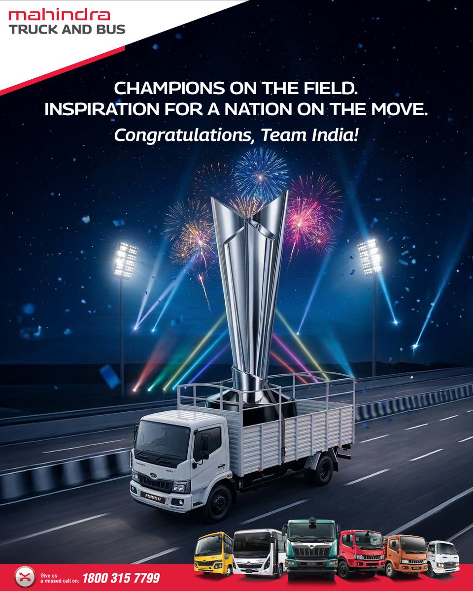 MahindraTrukBus's tweet photo. When Team India wins, the pride travels across the nation. 🇮🇳🏆
Congratulations on a historic victory.

#MahindraTruckAndBus #SochBadloTaqdeerBadlegi https://t.co/c7dN0mb7yl