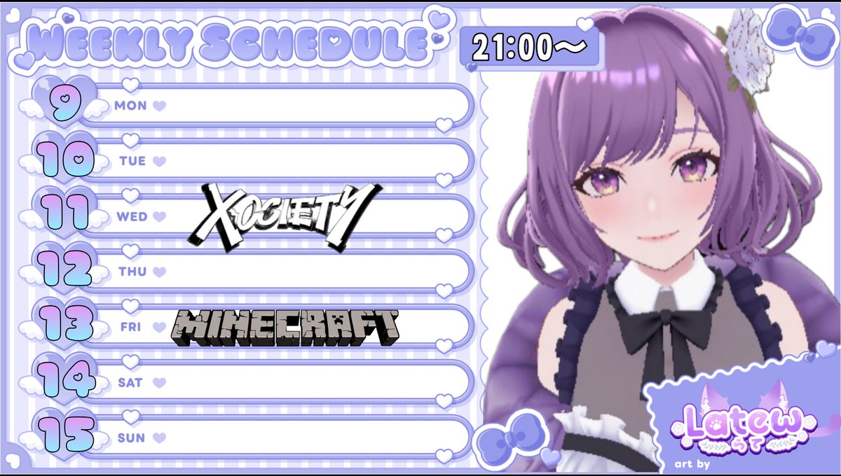 Bel_L_0o's tweet image. ⋱⋰ ⋱⋰ ⋱⋰ ⋱⋰ ⋱⋰ ⋱⋰ 
👾今週の配信スケジュール👾
    ⋱⋰ ⋱⋰ ⋱⋰ ⋱⋰ ⋱⋰ ⋱⋰ 

🟣配信先🟣
twitch.tv/o0_late_0o/

#xociety
バトルパスのフロンティアアバターチケット🎟3枚取りに行くぞっ

#Minecraft 
久しぶりにGAMIESのGameNightなので皆で楽しむっ⸜(*˙꒳˙*)⸝