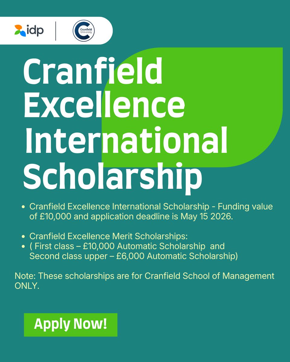 idpedung's tweet image. Up to £10,000 in scholarships could be waiting for you at Cranfield University 🎓

Ready to take the next step? Apply now with IDP.

#StudyinUK #Scholarships #CranfieldUniversity #IDPEducation #StudyAbroad