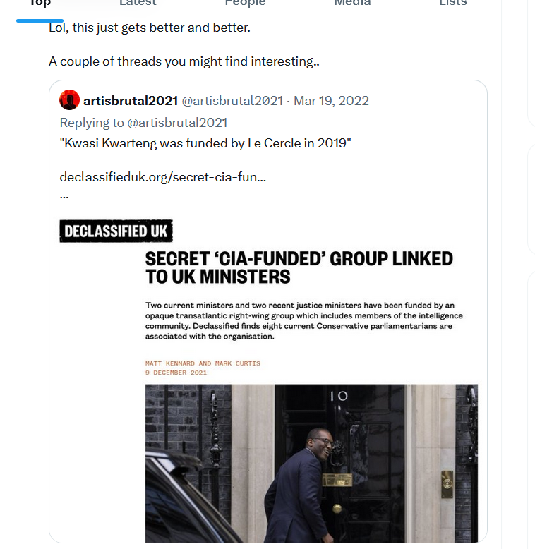 artisbrutal2021's tweet photo. " Nigel Farage takes stake in bitcoin company run by Kwasi Kwarteng "🍿

Kwarteng who was funded by "CIA-funded" Le Cercle in 2019 ? https://t.co/Rts1jFrLNO