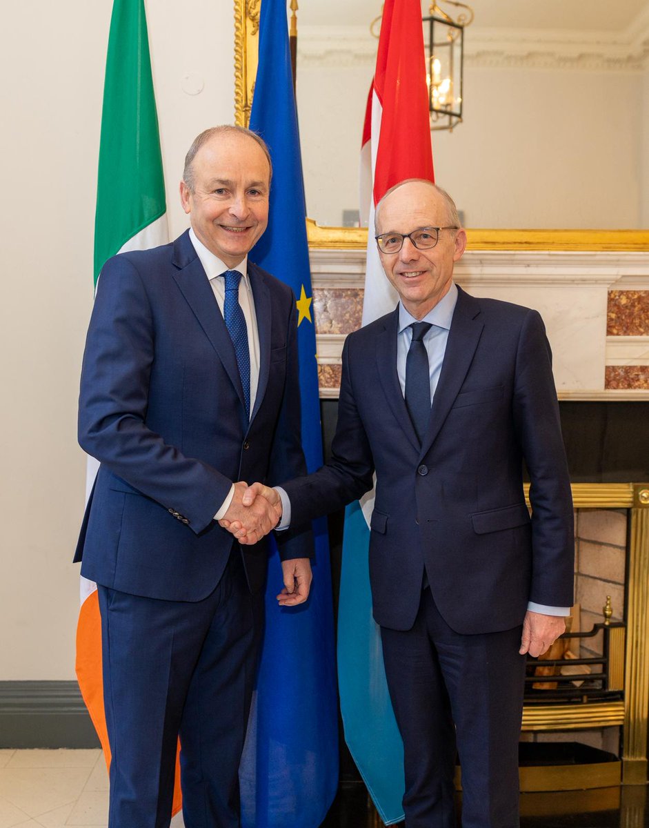 MichealMartinTD's tweet photo. 🇮🇪 🇱🇺 Delighted to welcome PM Luc Frieden to Dublin ahead of our Presidency of the EU.

🇪🇺 We had a good discussion on the challenges facing Europe, especially competitiveness, and are both firmly focussed on making progress this year. https://t.co/Gz6Tu8wWwj