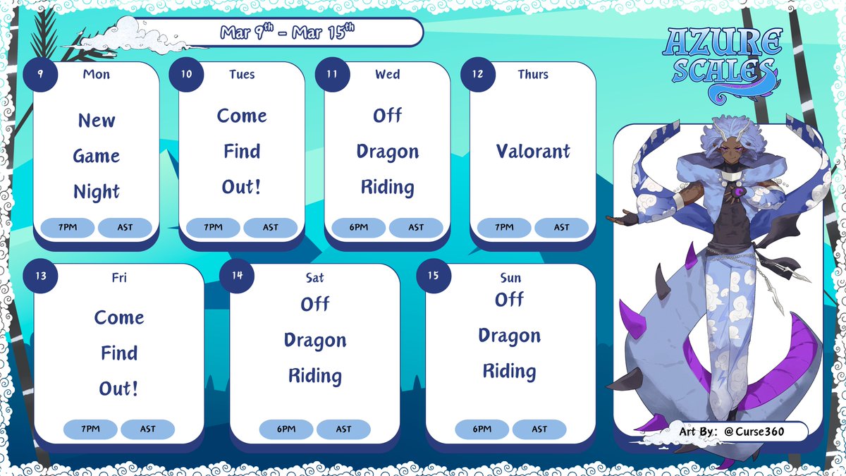 AzureScalesVT's tweet photo. Tryna be more consistent so here's my schedule for this week! May have some changes but we're gonna be doing our best to stick to it!
#Vtuber #twitchstream https://t.co/FZnit3Lzu8