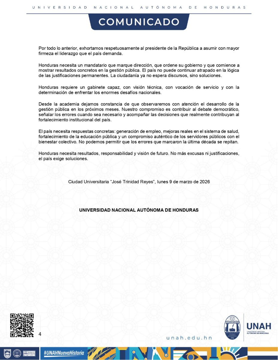 A casi 40 días del inicio de gobierno: una radiografía desde la academia sobre la gestión del presidente Nasry Juan Asfura Zablah.

Desde la Universidad Nacional Autónoma de Honduras consideramos necesario realizar una reflexión pública, responsable y académica sobre los avances