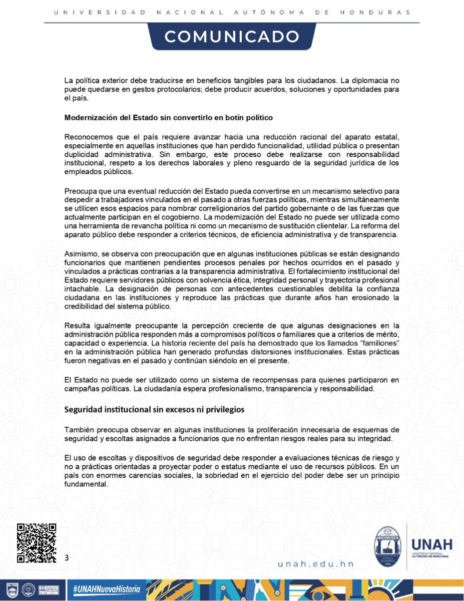 UNAHoficial's tweet photo. A casi 40 días del inicio de gobierno: una radiografía desde la academia sobre la gestión del presidente Nasry Juan Asfura Zablah.

Desde la Universidad Nacional Autónoma de Honduras consideramos necesario realizar una reflexión pública, responsable y académica sobre los avances o la ausencia de ellos en la conducción del Estado. 

Este análisis no pretende constituirse en un ejercicio de oposición política, sino en una evaluación crítica desde la ciudadanía y la institucionalidad democrática que exige resultados concretos en la gestión pública.