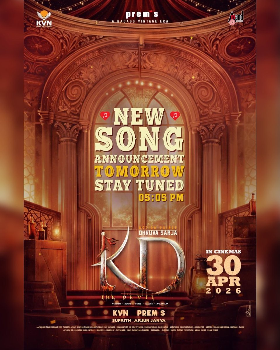 KvnProductions's tweet photo. After a massive superhit #ShivaShiva, a peppy dazzling #Settagalla & an emotional theme song #AnnthammaJodetthuKano now its time for all to Rock the floor ⚡⚡ 
Get ready for this this high energetic song with @norafatehi 🔥🔥 

Song releasing date Announcement Tomorrow at 5.05 PM 🔊

#SarseNinnaSeragaSarse  - KANNADA
#SarkeChunarTeriSarke - HINDI
#JaripeyNaathoPandagaJaripey - TELUGU
#ThiraNeeEndhanTharaniThiraNee - TAMIL
#SariyaaNinSaarithanKaliThane - MALAYALAM

#KDTheDevil 
#KD @DhruvaSarja @directorprems @duttsanjay @norafatehi @Ramesh_aravind #VRavichandran @TheShilpaShetty #NoraFatehi @Reeshmananai @ArjunJanyaMusic @williamdaviddop #MohanBKere @KvnProductions  @SUPRITH_87 @aanandaaudio