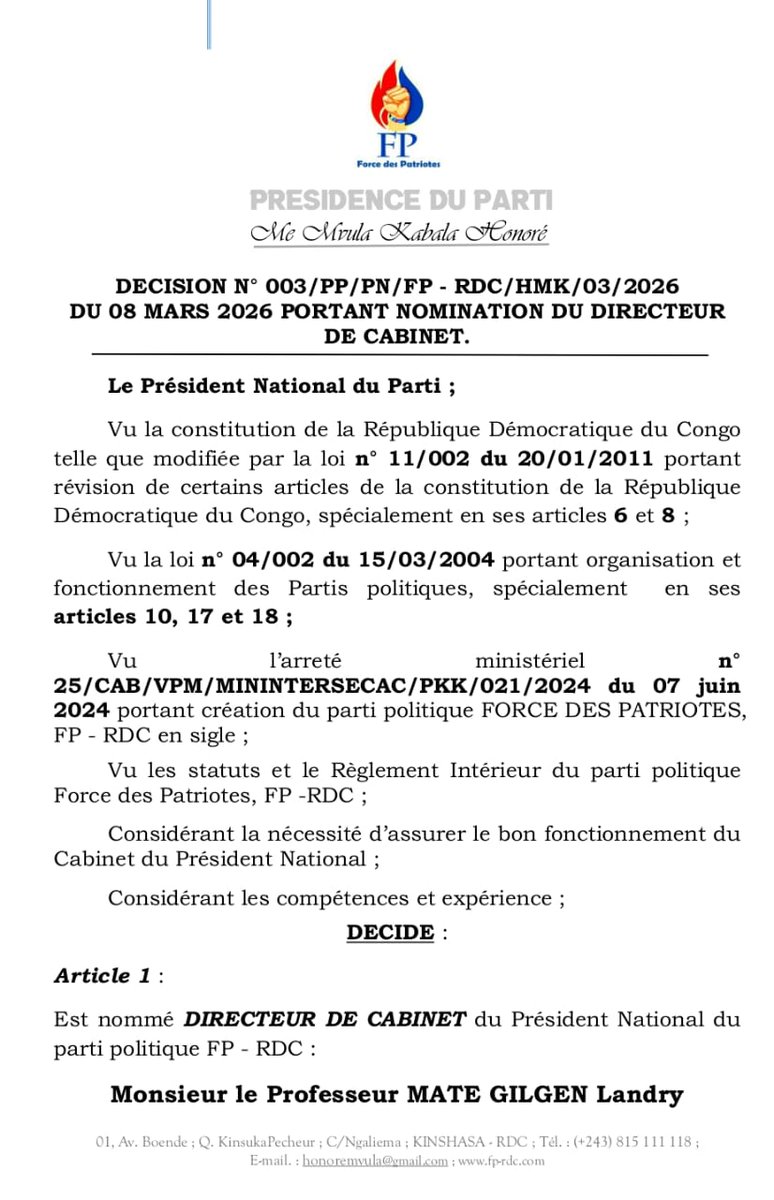 rachidi_roger's tweet photo. J'dresse mes sincères félicitations au Professeur #mate-#Gilgen-#Landry,
pour sa nomination au poste de Directeur de Cabinet du Président National du parti @ForcePatriotes (FP-RDC).
Cette marque de confiance témoigne de ses compétences et de son engagement. Je lui souhaite plein succès dans l’accomplissement de cette noble mission au service du parti et de la nation.
Mes vœux de réussite dans vos nouvelles fonctions Cher professeur.
@central_sage @kakese_leon @kamba82 @CynthiaWina5 @eunice_loba @MuadiLaeticia @AdesemaP @afrikapromotion