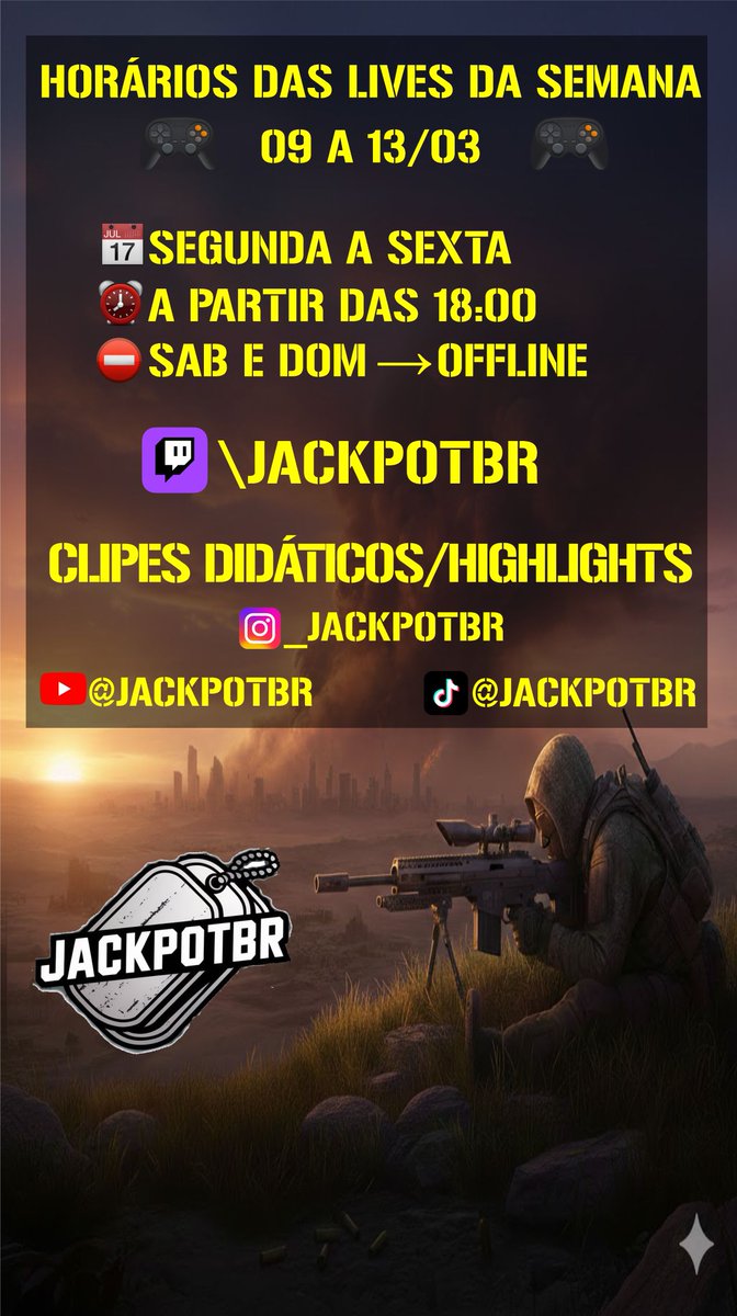 JackpotBR's tweet photo. Mais uma semana, mais uma programação semanal das lives! 🫡

#streamer #FPS #FPSgamer #Twitch #Twitchstreamer #lives https://t.co/mX1X5jbJz0