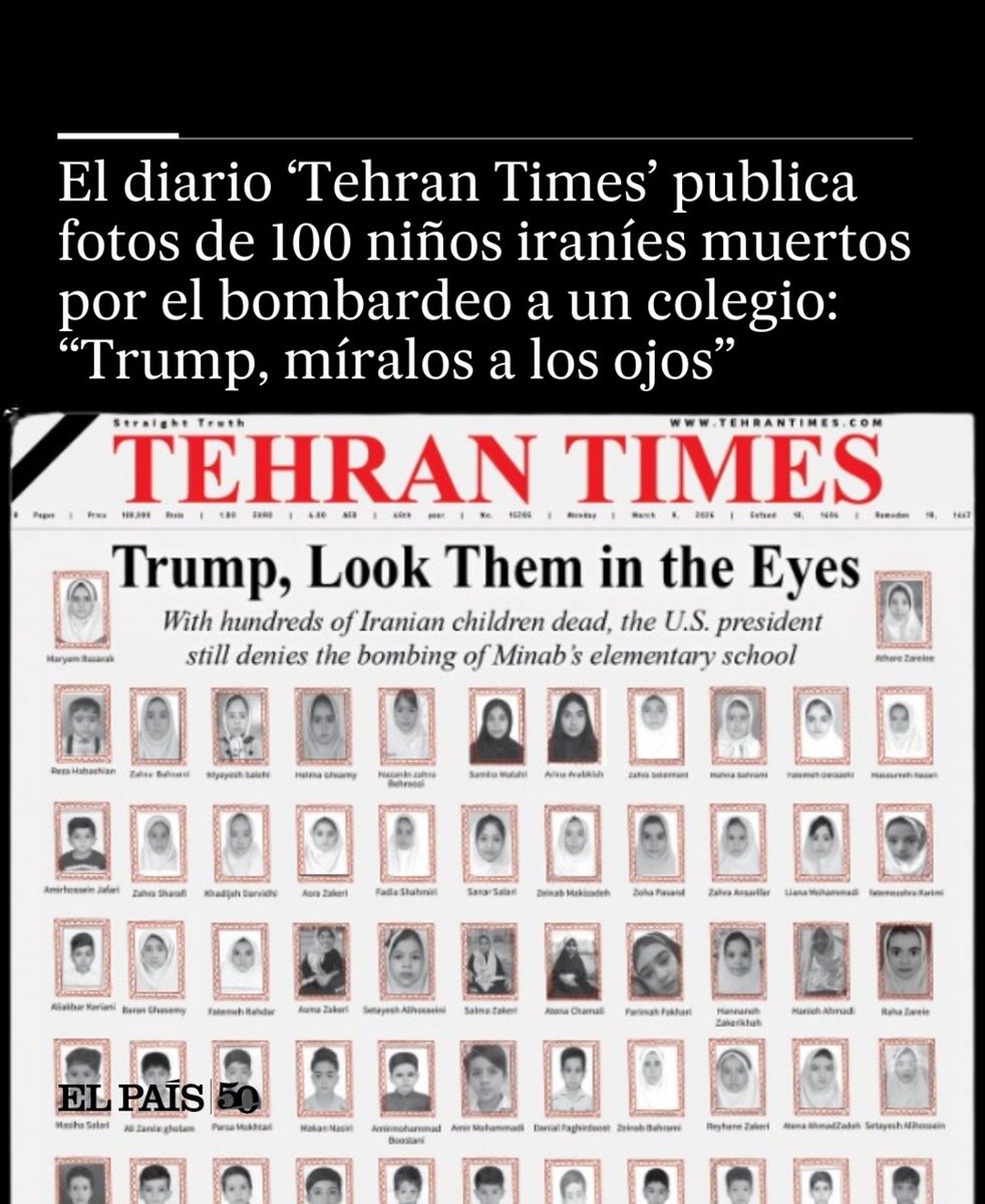 🔴 ÚLTIMA HORA | Un medio iraní publica las fotos de los menores muertos en la escuela: “Trump, mírales a los ojos”

Hasta ahora, el mandatario republicano había negado que EE UU estuviera implicado en la destrucción del centro educativo de primaria social.elpais.com/3sa7e4