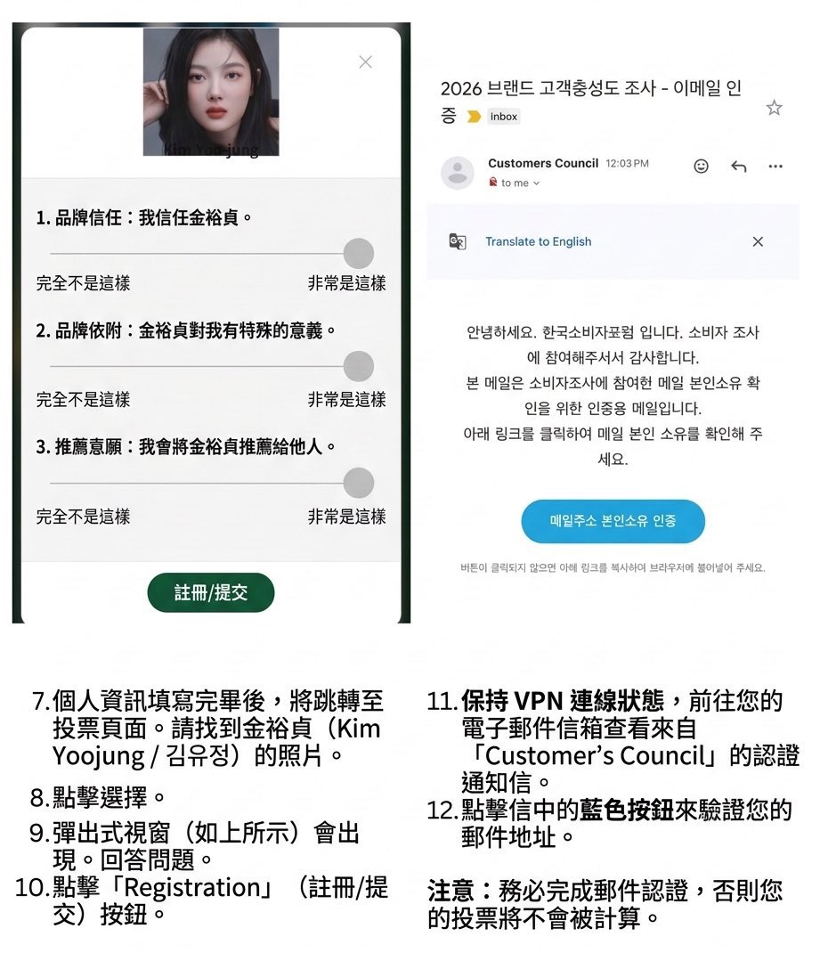 GoddessYoojung's tweet photo. 🚨 投票快訊 🚨
金裕貞入圍了 2026 年度品牌顧客忠誠度大賞的「大勢女演員」(Hot Trend Actress) 獎項！🏆✨
📅 截止日期： 3 月 22 日
✅ 類別： 大勢女演員 (Hot Trend Actress)
🔗 投票連結： https://t.co/eLnG3Q60XR.…
🚨 金裕貞 (KYJ) 投票教學 🚨
⚠️ 重要提示：需使用韓國 VPN (Korea VPN Required) 🇰🇷
1️⃣ 請先開啟 VPN 並將地區設定為「韓國」
2️⃣ 進入上方連結，為金裕貞投下神聖的一票！
讓我們一起守護《親愛的X》江露娜的榮耀，讓裕貞再次登頂！🌊🤍