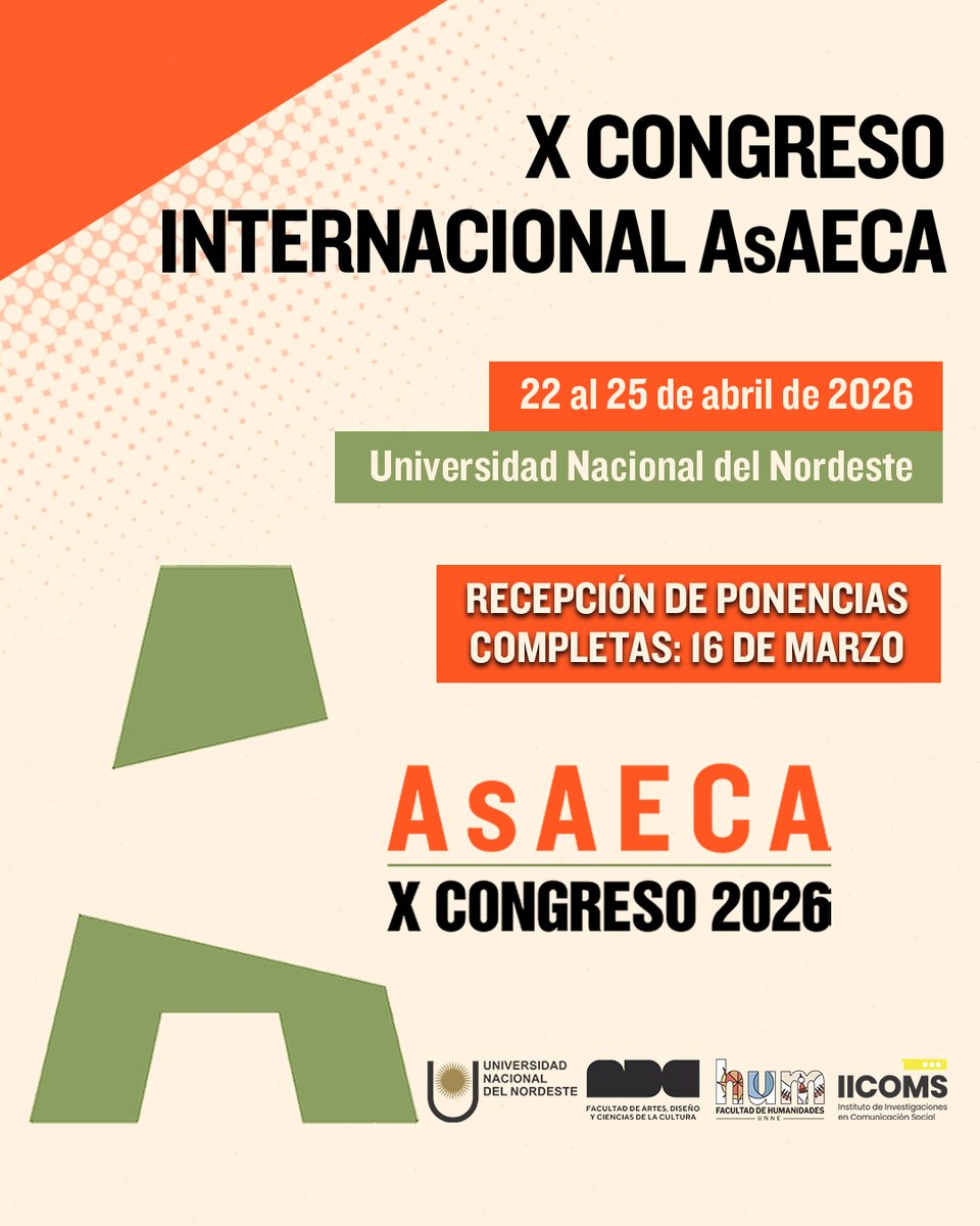 🟠 #CongresoAsAECA | ¡ÚLTIMAS HORAS para realizar el pago de inscripción al Congreso AsAECA!

📅 Fechas importantes:
* Límite para el pago de inscripción: 10/3
* Límite para el envío de ponencias para publicación en Actas: 16/3

📧 congresoasaeca2026@gmail.com