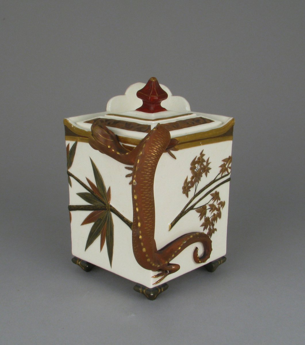 Teapot with salamander handle by Worcester factory, 1874. The MET.