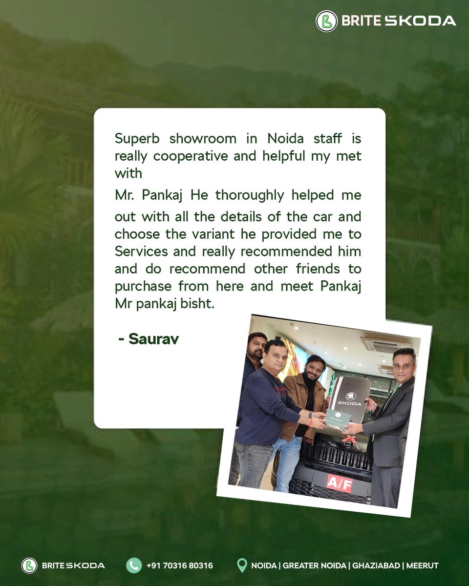 BriteSkoda's tweet photo. A proud delivery moment and genuine words from our customer. Thank you for choosing @skodaindia.
Book your Škoda today.
📞 +91 70316 80316
📍 Noida | Greater Noida | Ghaziabad | Meerut
#BriteSkoda #SkodaIndia #CustomerTestimonial #LetsExplore #SkodaDrive https://t.co/qhg2bFVK8z