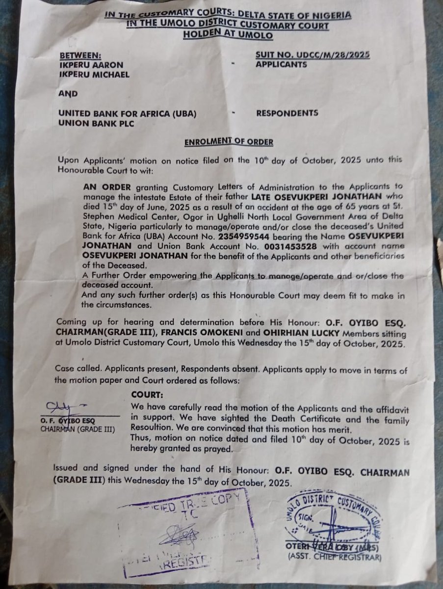 crestwrld's tweet photo. This is a formal complaint regarding the delay in releasing the funds of a deceased customer by @UNIONBANK_NG , Ughelli Branch, Delta State.
This issue has persisted for months despite all required documentation being completed.
Thread. 👇 https://t.co/dJV9Gfb8zD