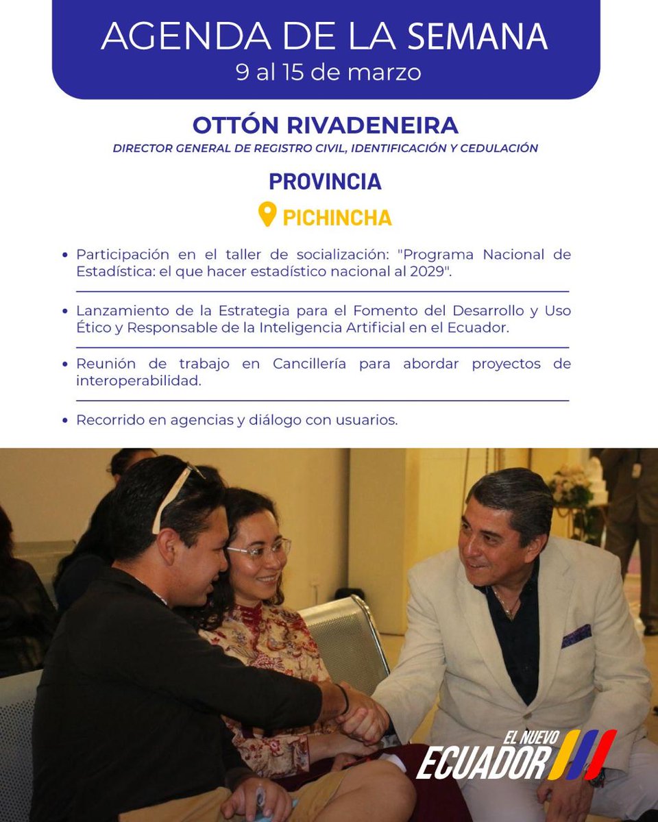 Esta semana el director general del Registro Civil, <a href="/OttnRivadeneira/">Ottón Rivadeneira</a> cumplirá una agenda de trabajo que incluye reuniones interinstitucionales, participación en espacios técnicos y recorridos en agencias para potenciar los servicios a la ciudadanía. 

#ElNuevoEcuador🇪🇨
