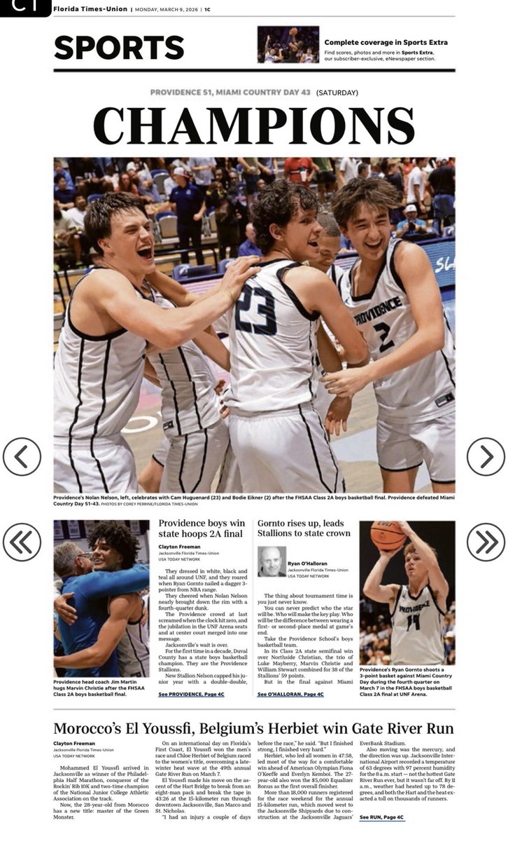 ryanohalloran's tweet photo. Today’s print edition for ⁦@provschool⁩ state title. More teams chasing championships this week at UNF. https://t.co/sNgagJ6DQV