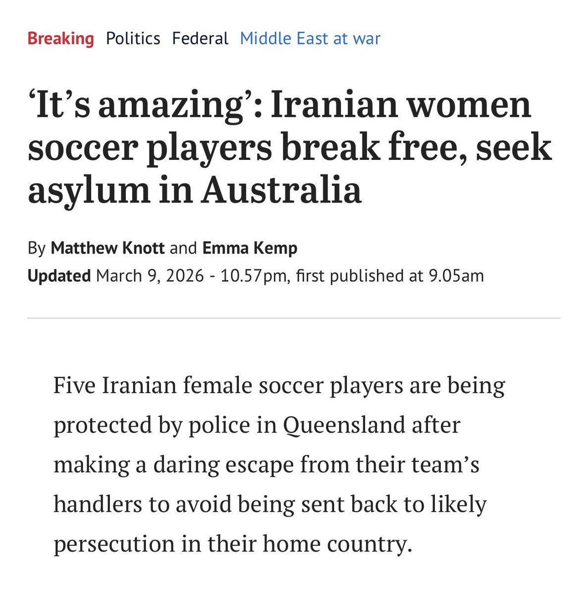 BREAKING NEWS: Five members of the Iranian women’s football team just broke free of the team’s minders in Australia and requested safe harbour

They faced the prospect of being killed by the regime should they return