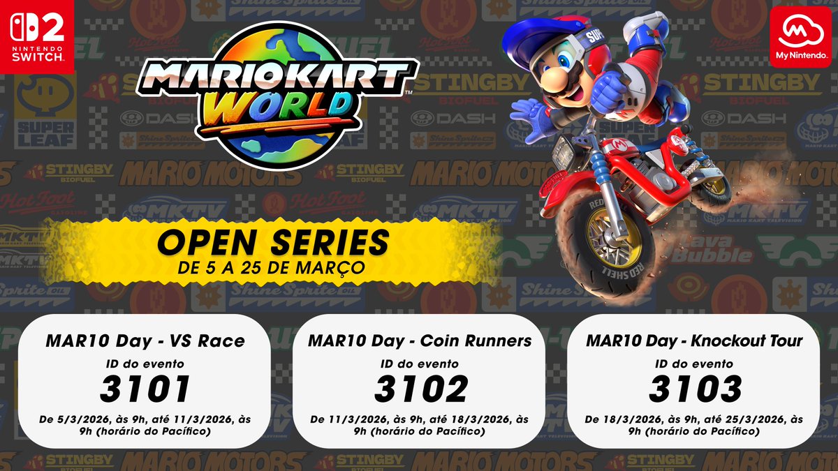 Participe do Mario Kart World #MyNintendo Open Series e acelere estrada afora para aproveitar três semanas de diversão em alta velocidade nos modos Confronto, Batalha de Moedas ou Eliminatória. Jogue sozinho ou com amigos e ganhe 310 pontos de platina #MyNintendo só por