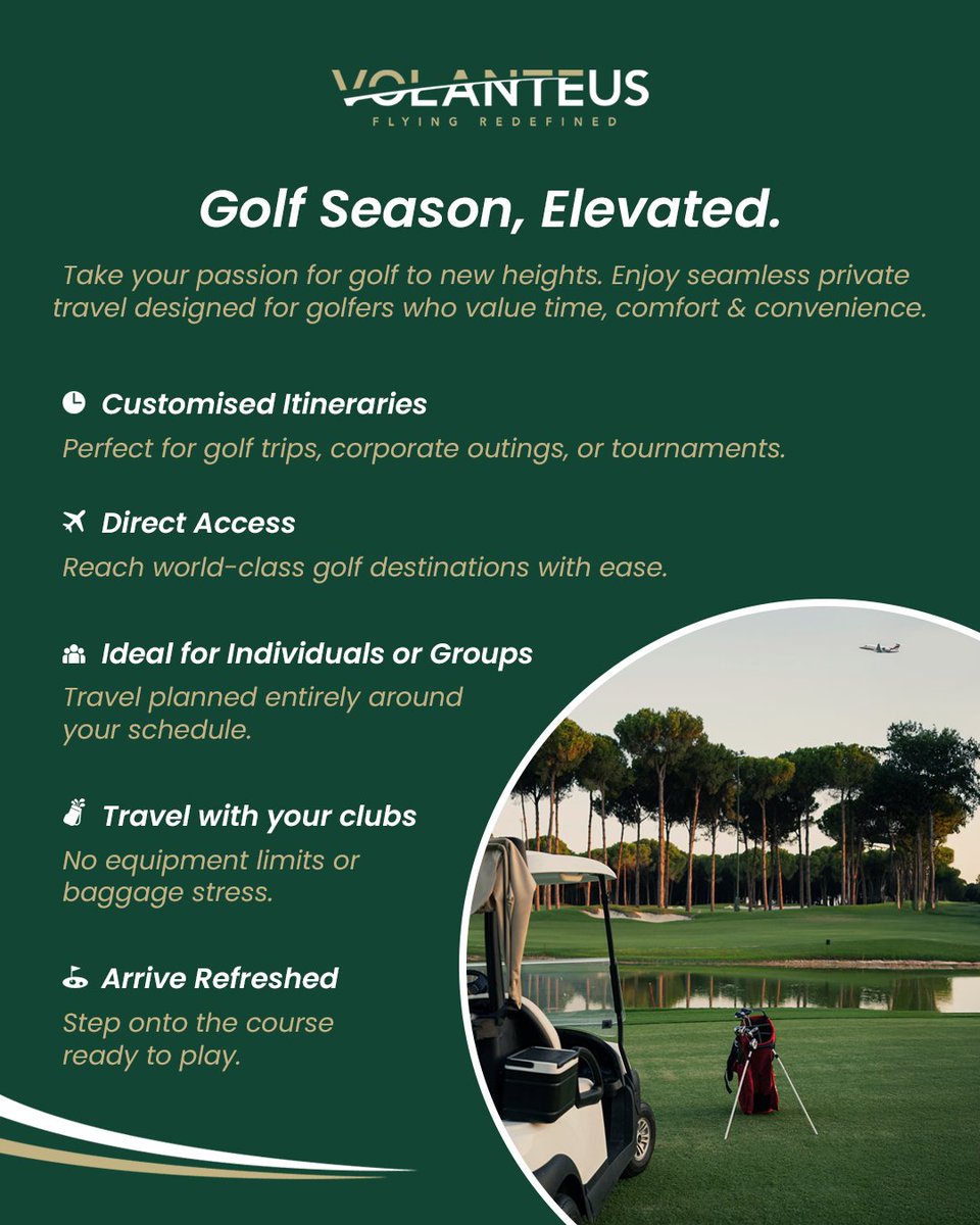 Golf season is approaching... ⛳

Fly private, travel with your clubs and arrive refreshed, ready to play.

Contact Volanteus to plan your next golf getaway.

✉️ fly@volanteus.com
📞 +44 (0) 203 876 8000

#GolfSeason #PrivateJet #GolfTravel