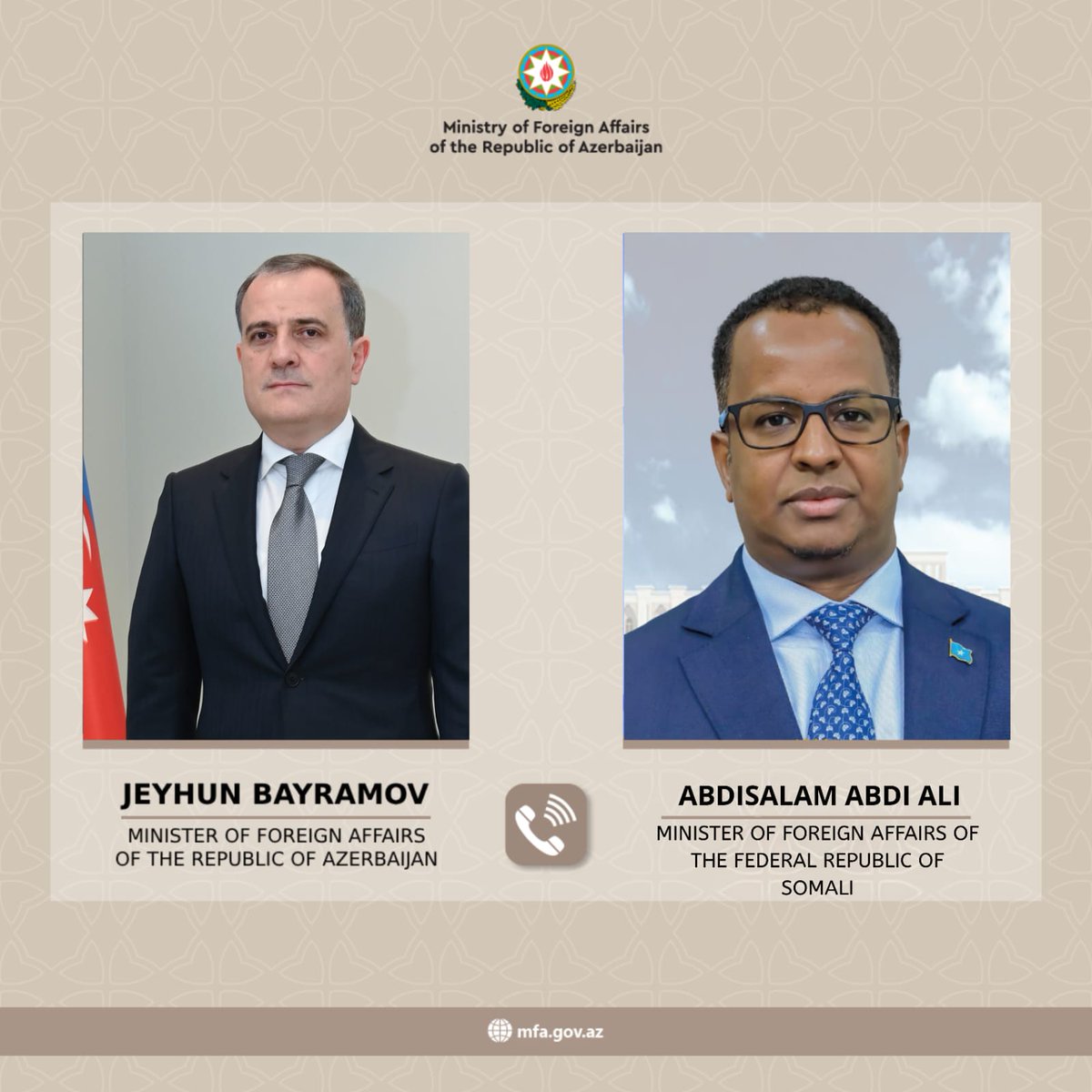 Nazir Ceyhun Bayramovun Somali Federativ Respublikasının xarici işlər və beynəlxalq əməkdaşlıq naziri Abdisalam Abdi Ali ilə telefon danışığına dair mətbuat məlumatı

⬇️⬇️⬇️

mfa.gov.az/az/news/no10526