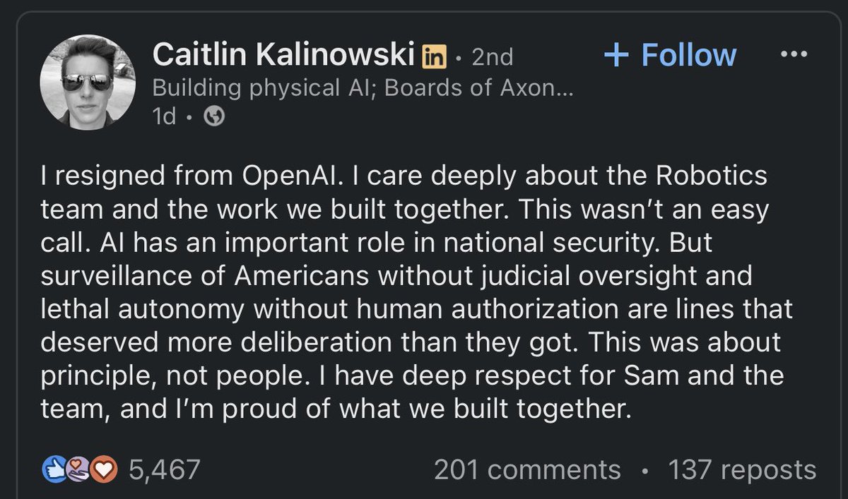 OpenAI hardware chief resigns over the hastily-made Pentagon agreement. 

Whether you agree with Caitlin’s decision or not, sticking to one’s principles in the face of pressure takes a lot of courage.